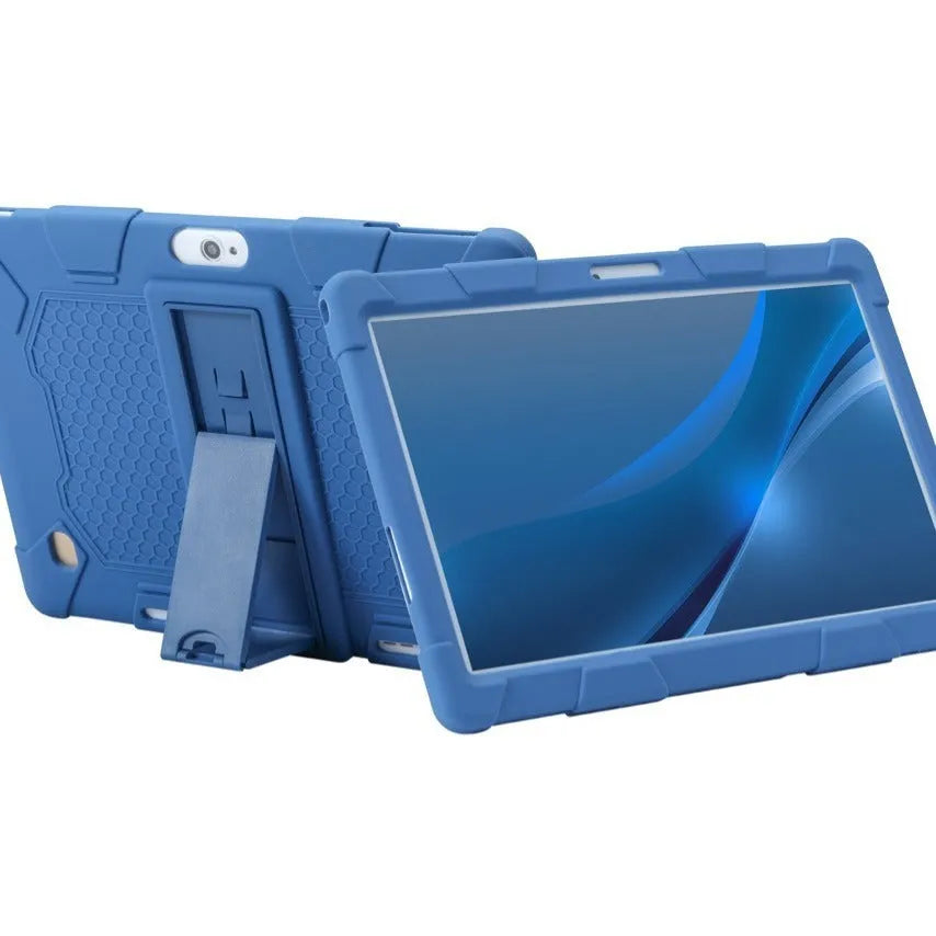 Pink silicone protective case with stand for a 10.1-inch tablet on a table