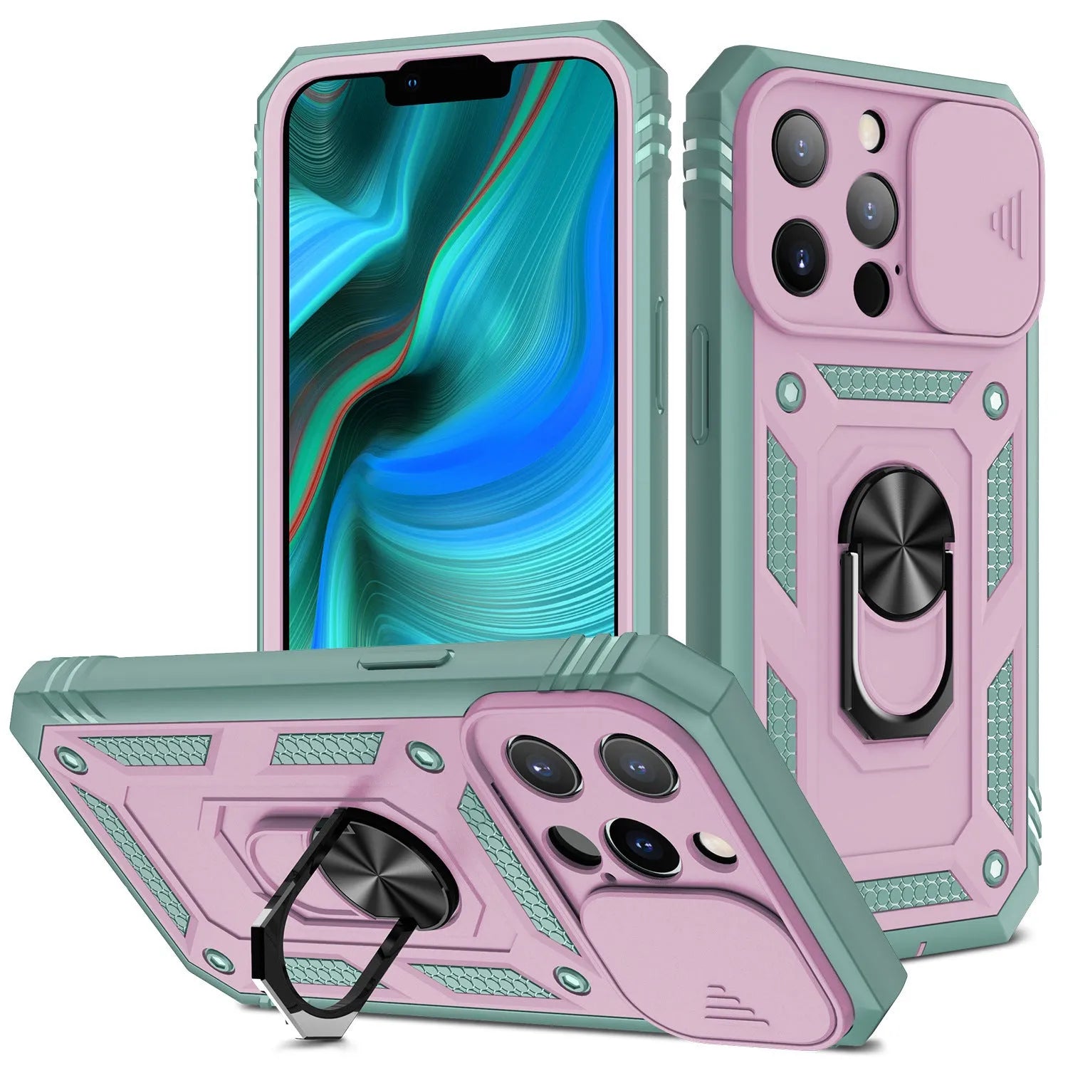 Magnetic sliding window phone case for iPhone 12 and 13 series in multiple colour combinations