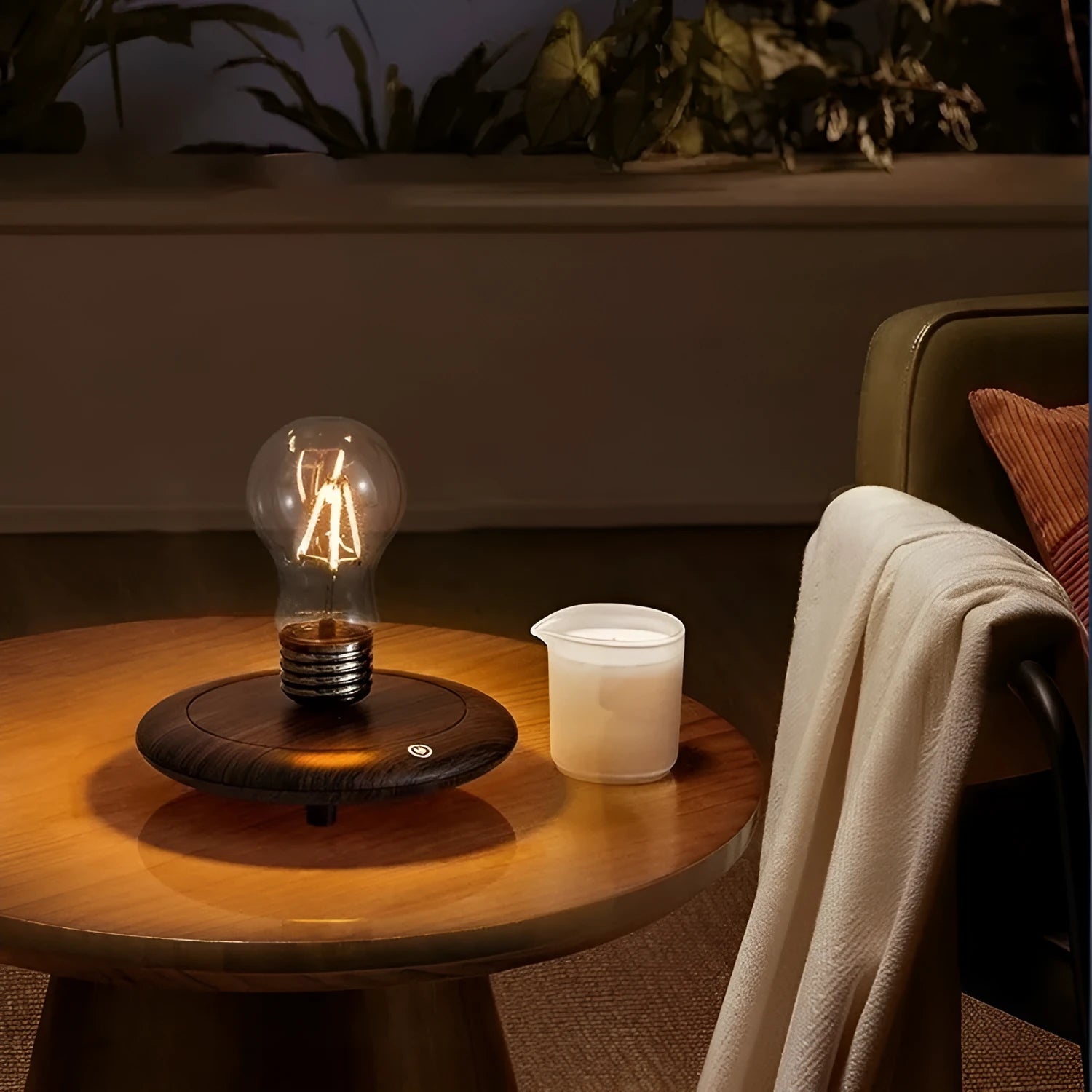 Iron suspension bulb night lamp on black wood grain base for desktop decoration