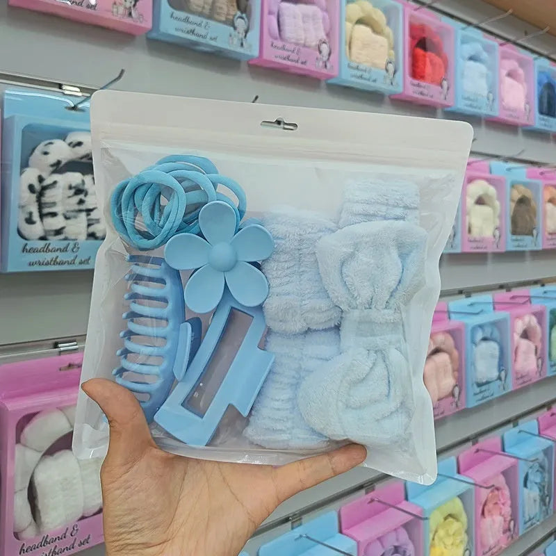 16-piece bow washing face hair band set in assorted colours with plaid pattern on OPP packaging