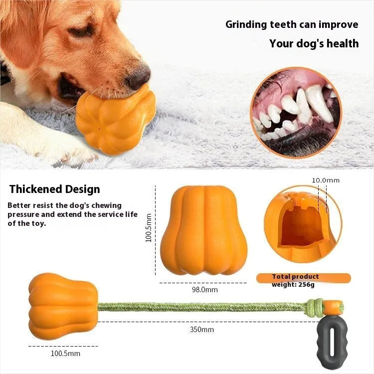 Pumpkin orange plastic dog toy with rope handle and molar-textured chewing surface