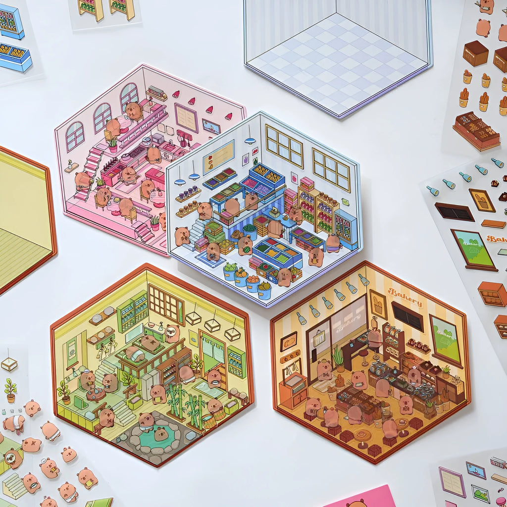 Capabala cut-free cartoon PET decorative sticker sheet in eight colour themes on a 190x125mm sheet.