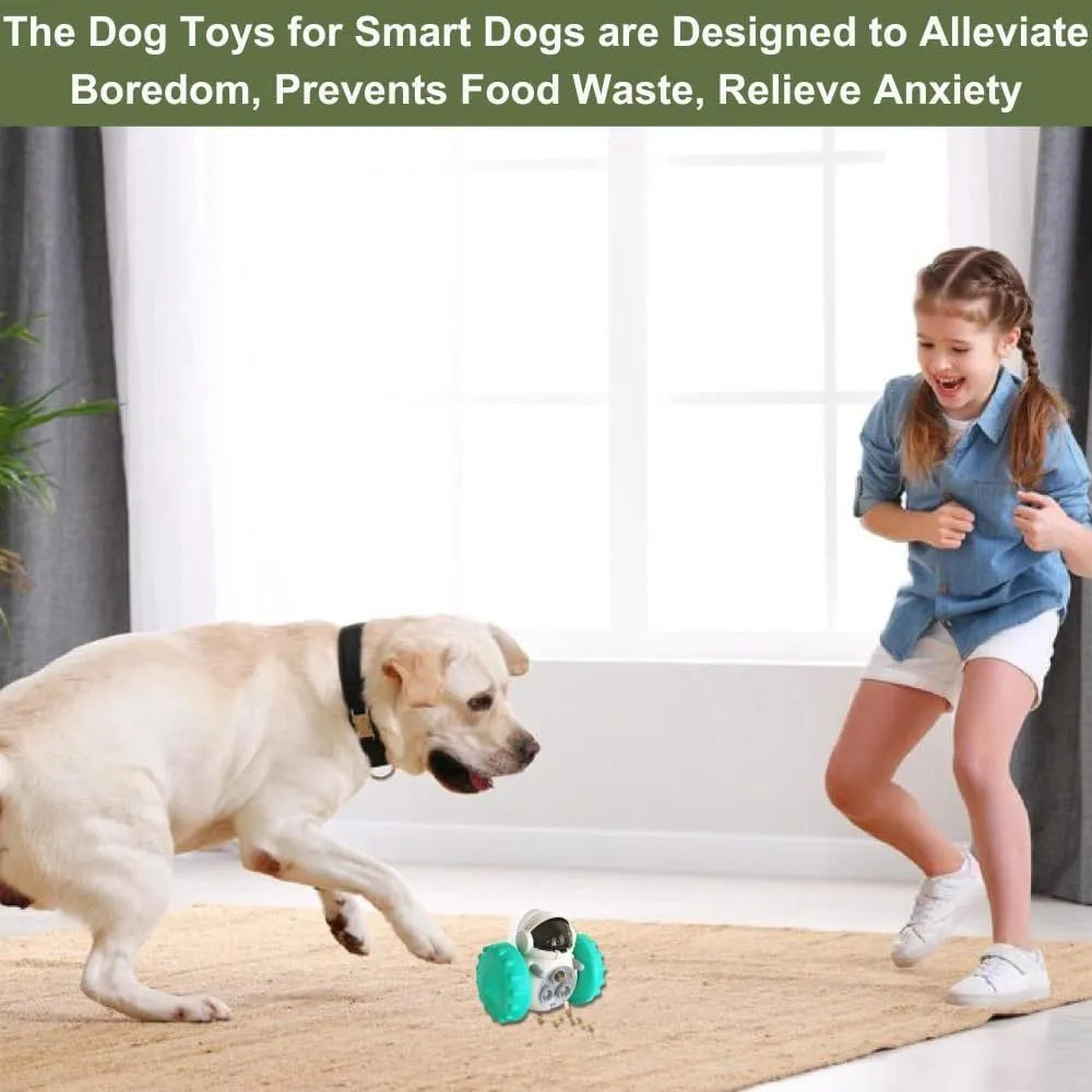 Robot-design tumbler puzzle toy for dogs and cats with roller elements and food dispensing function