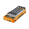 Black, green, or orange coloured rectangular power bank measuring 149mm by 73mm by 20mm