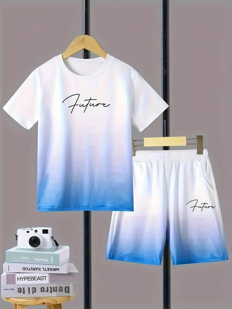 Boys' short sleeve cotton blend t-shirt and shorts set with animal pattern, available in multiple colours