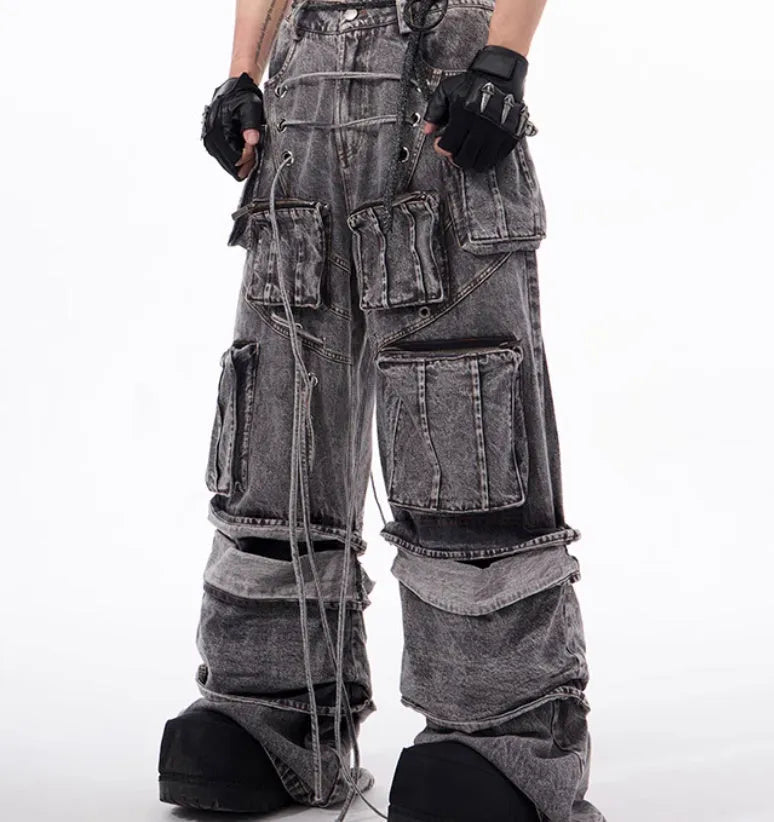 Grey distressed denim men's overalls with rope stitching and mop pant leg style