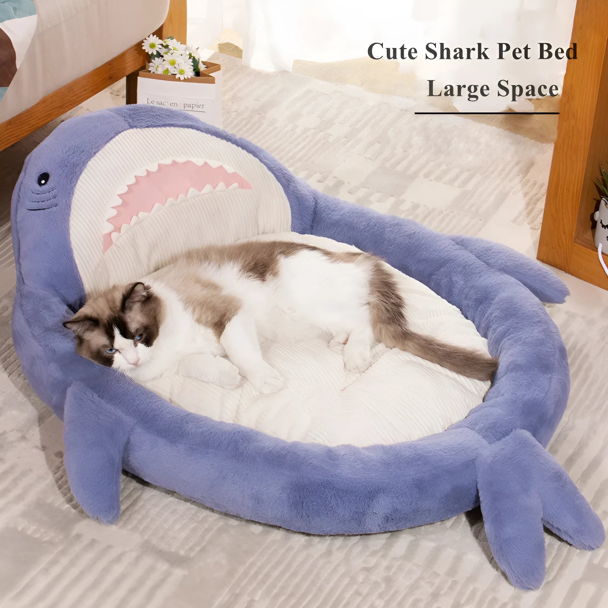 Blue shark pattern velvet pet bed cushion with non-slip base for small medium dogs