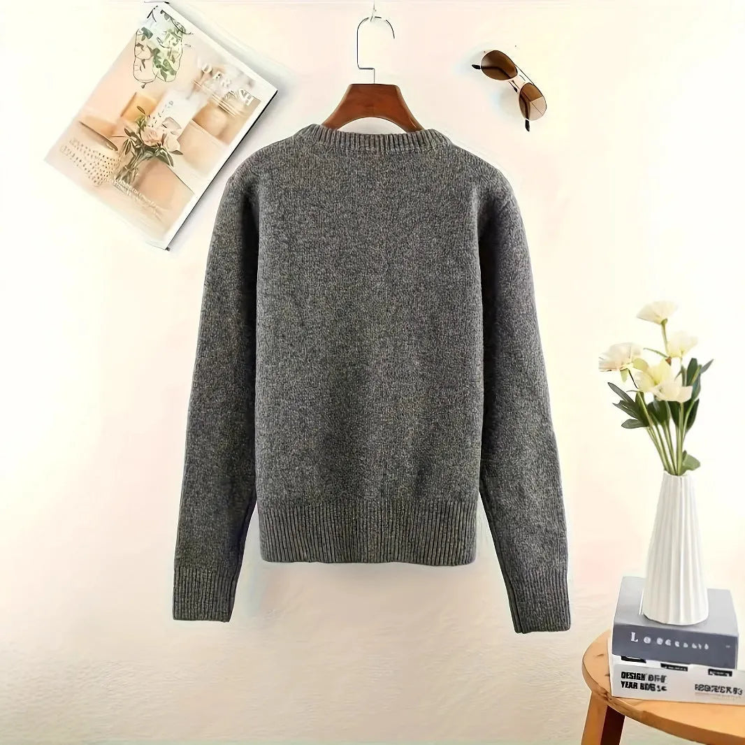 Women's dark grey polyester cardigan sweater with button front and long sleeves