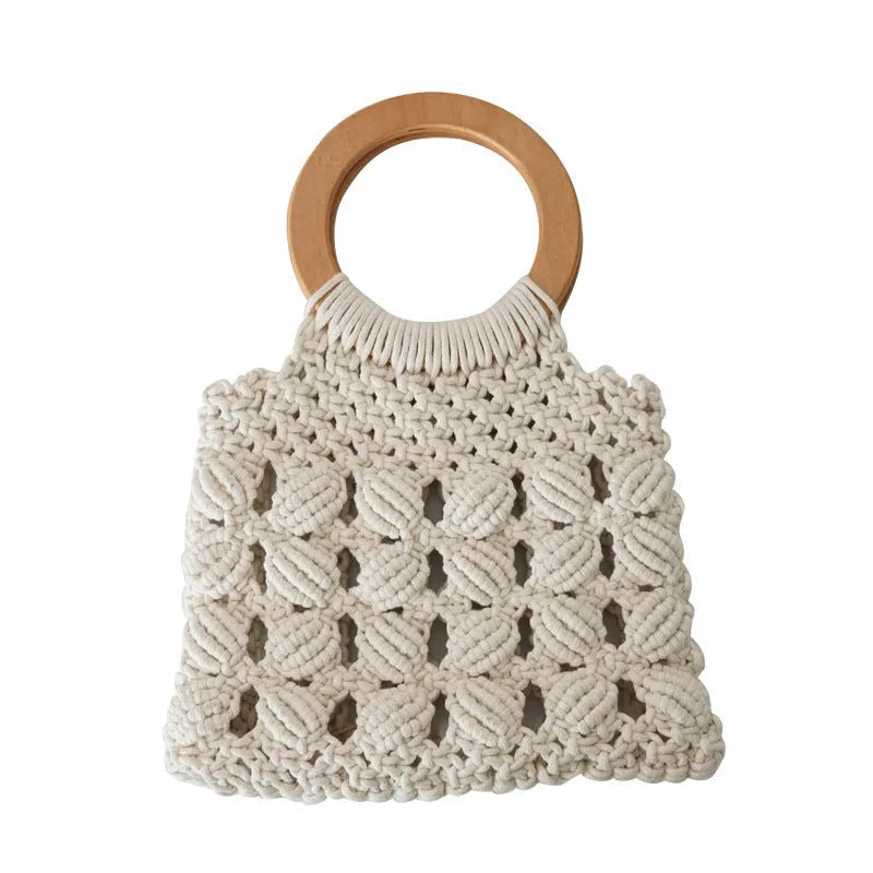 Handmade rope straw shoulder bag in solid colour with hard handle and cotton lining