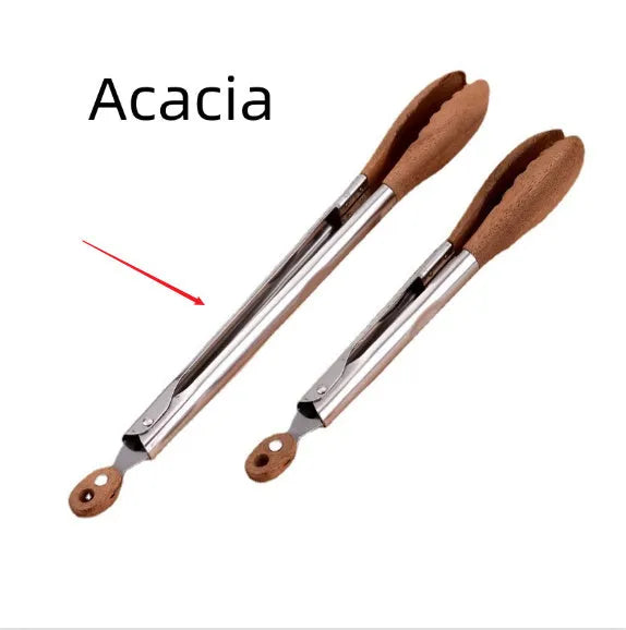 Stainless steel food tong with wood handle in walnut or acacia, 9 or 12 inch size option