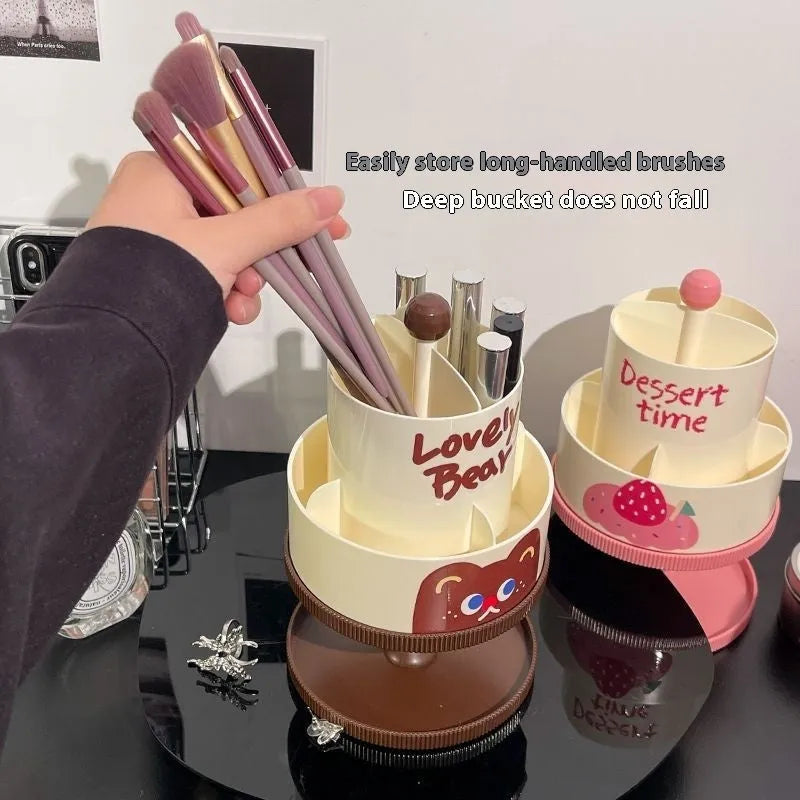 Rotatable beige cosmetic brush storage barrel with 18 litre capacity on its rack