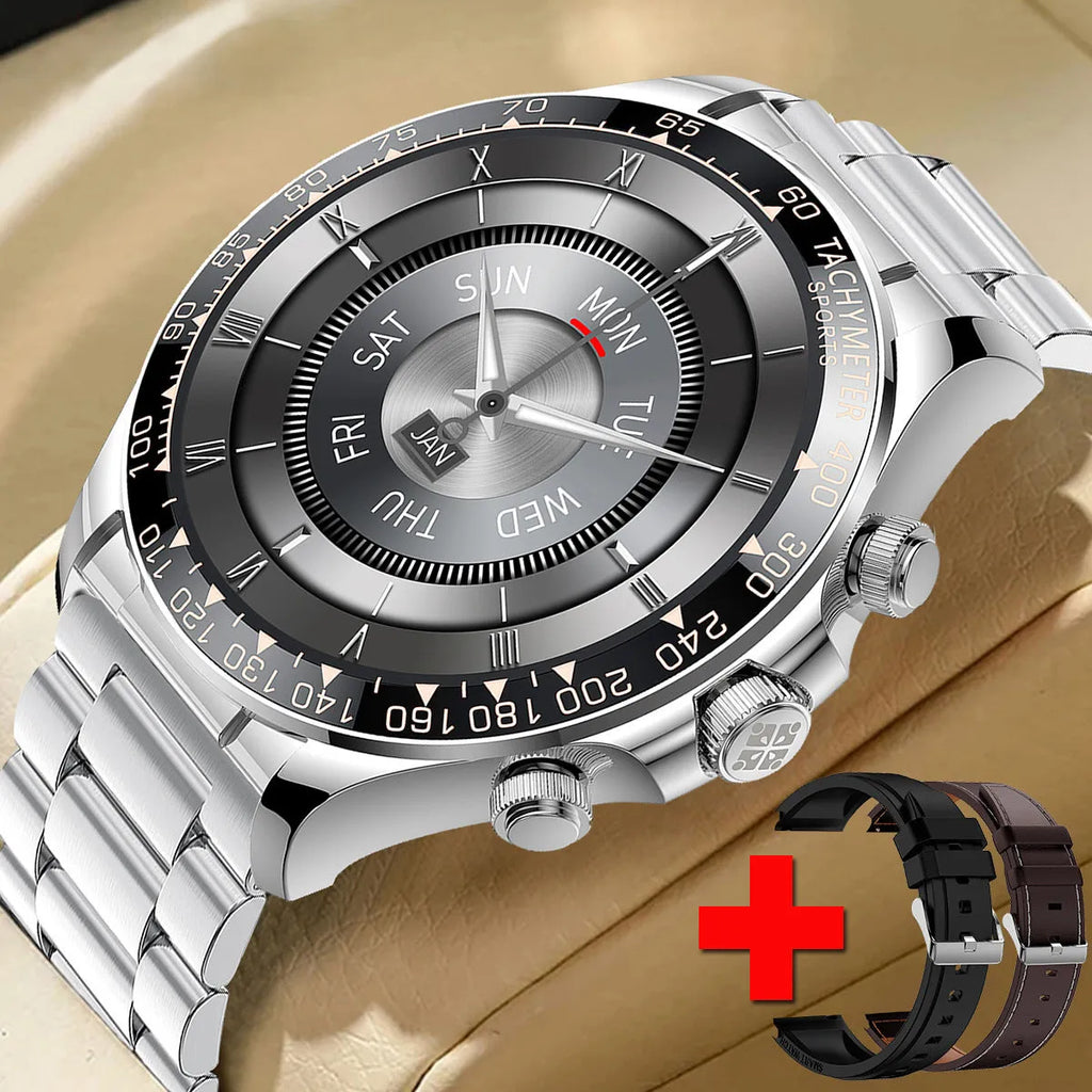 Round screen smart watch EX108 in black silicone with three straps showing Bluetooth calling interface