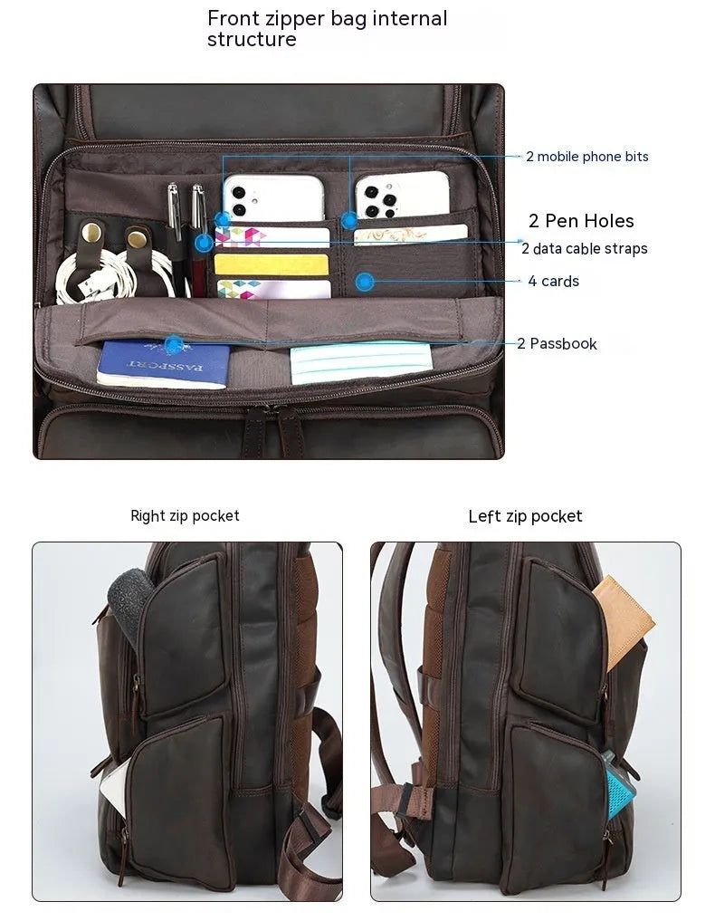Dark brown retro crazy horse leather men's backpack with a 17-inch laptop compartment and double straps.