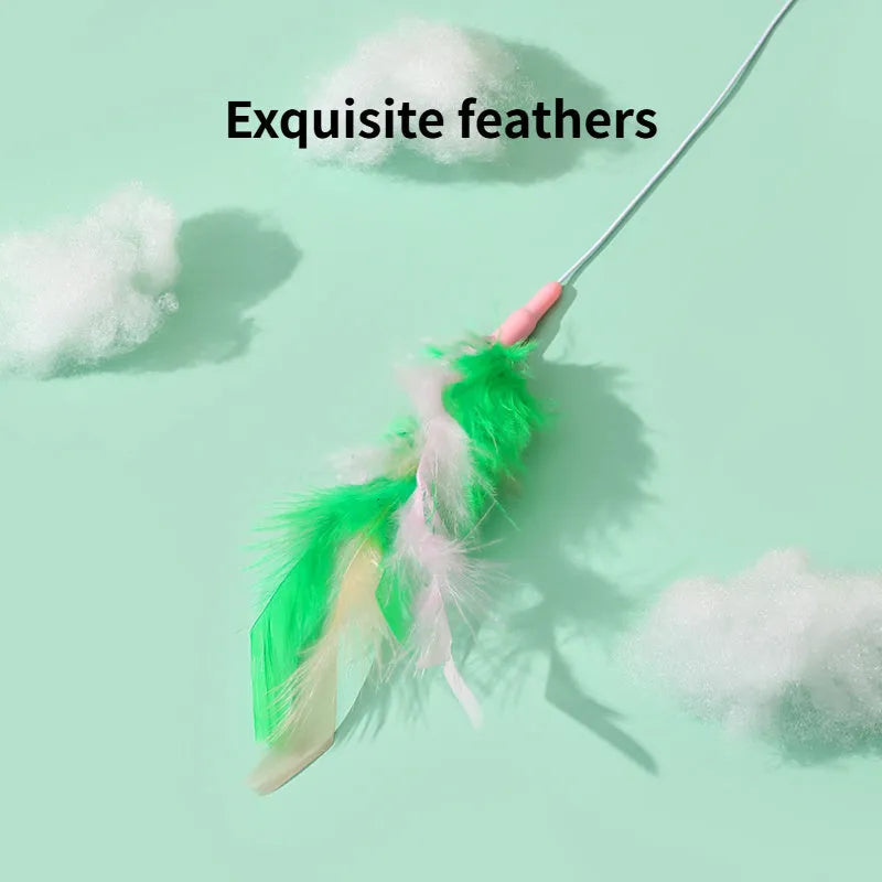 Green interactive cat feather wand toy with bells for play and training
