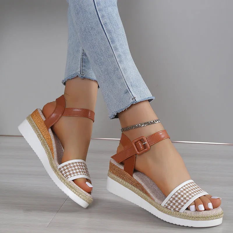 Women's houndstooth print buckle sandal with fish mouth toe in white, PVC upper