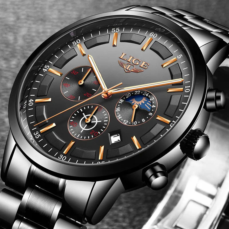 Men's waterproof quartz sports watch in black with rose red blue colour combination