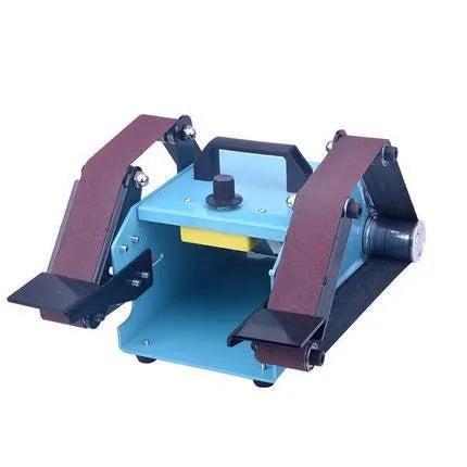 Blue desktop dual-axis belt sander with 750W motor and variable speed control