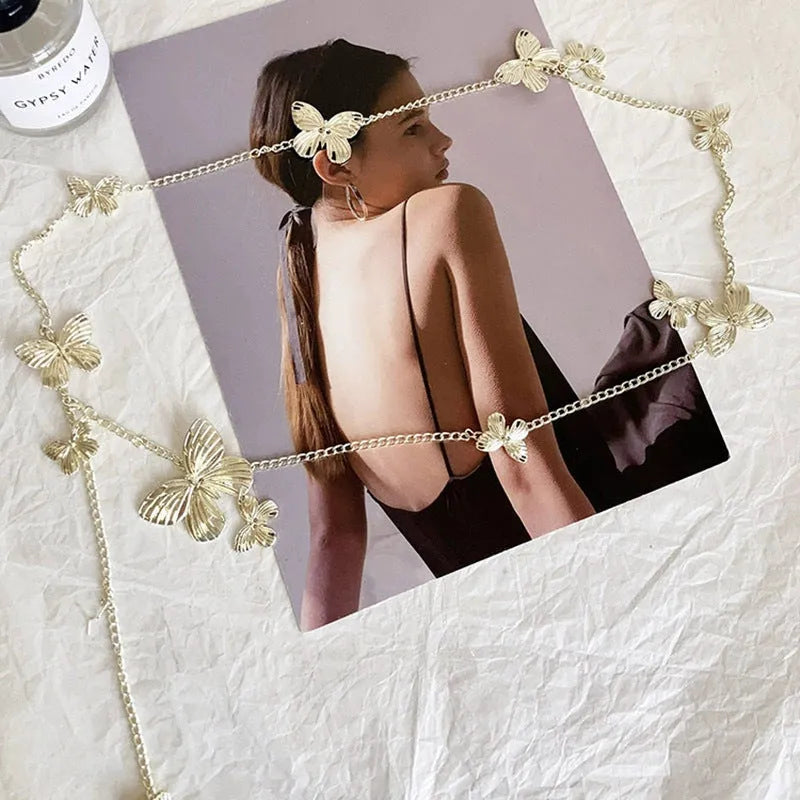 Gold or silver alloy butterfly waist chain belt showing 104cm length and decorative charm.