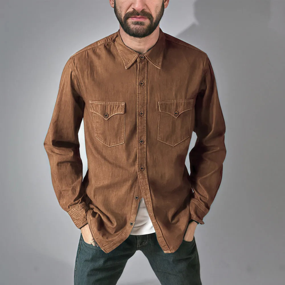 Men's cotton denim cardigan coat shown in khaki, black, blue, and grey colour options.