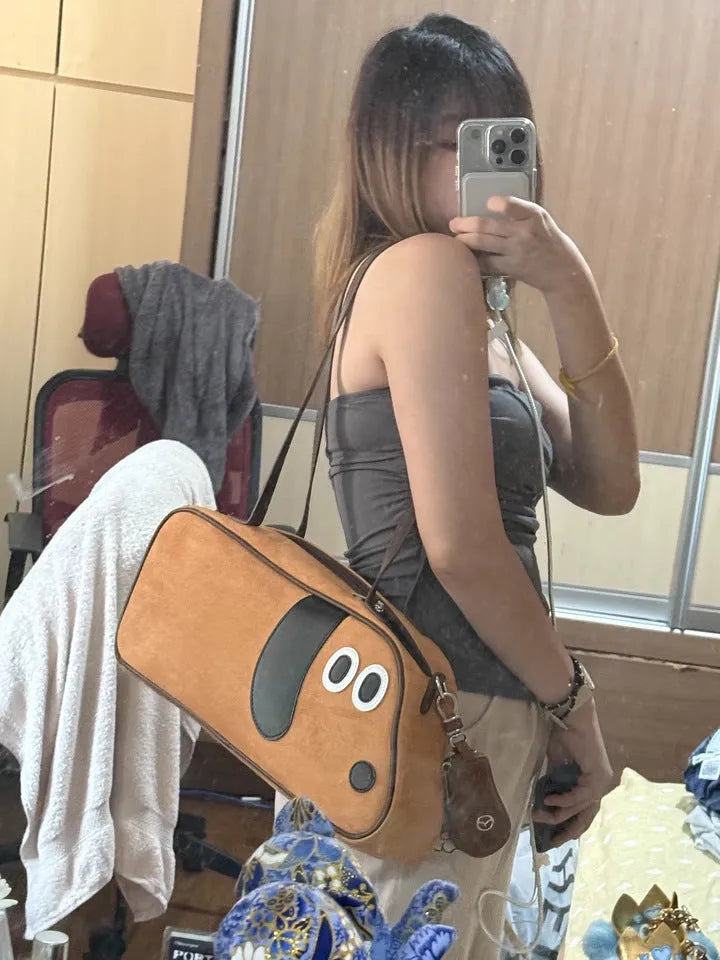 Virtue Pull Sausage Dog cute large capacity crossbody shoulder bag in toast brown cotton