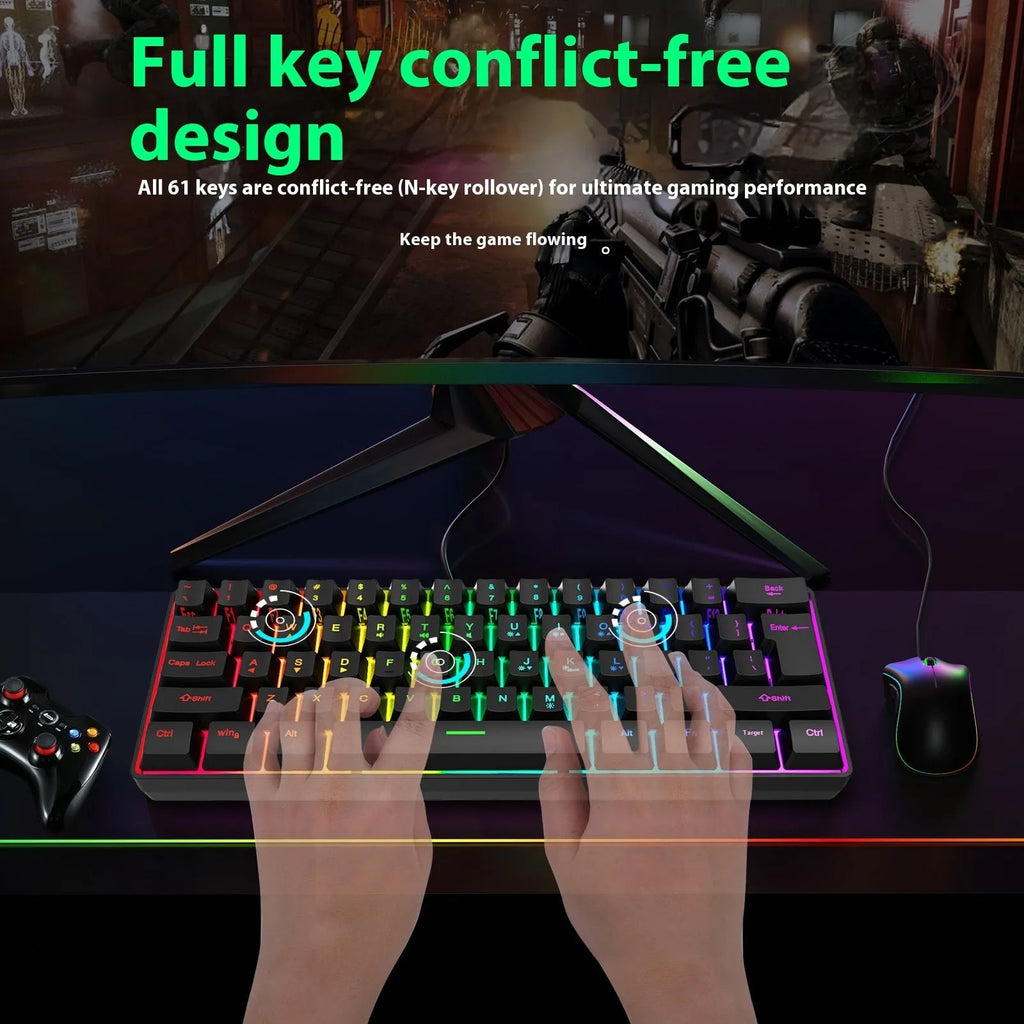 Compact RGB keyboard with wired USB cable and ABS casing, 30x11x2.5cm, in black with backlit keys