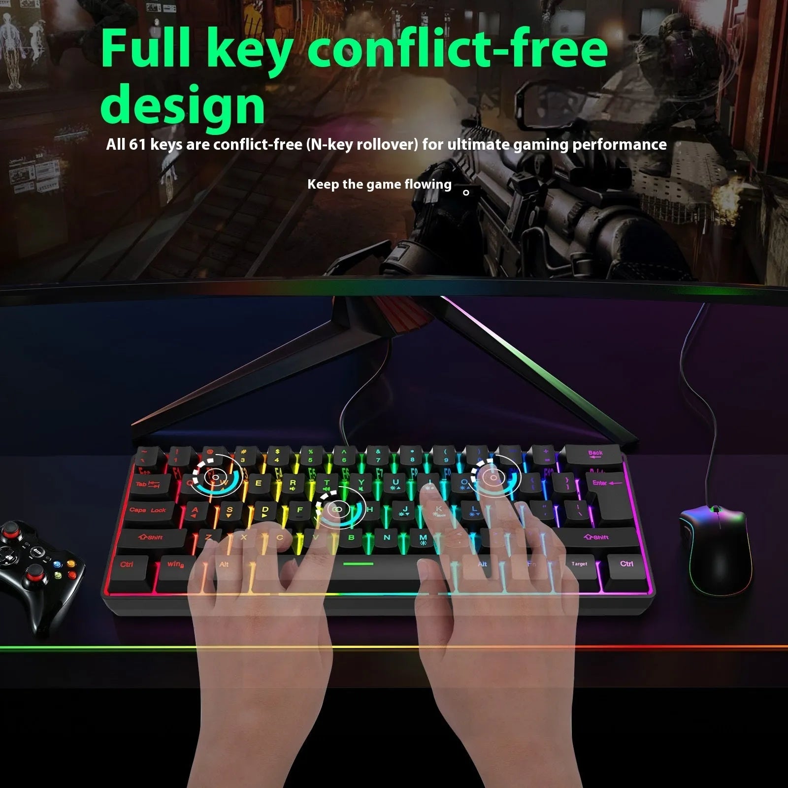 Compact RGB keyboard with wired USB cable and ABS casing, 30x11x2.5cm, in black with backlit keys