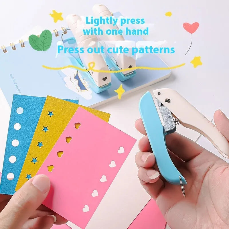 Small manual embossing punch tool showing Love, Star, and round hole shapes for paper crafts