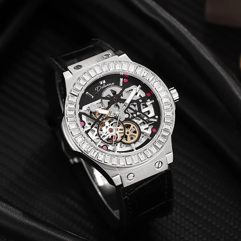 Automatic mechanical men's watch with hollow movement and diamond studs on white shell case