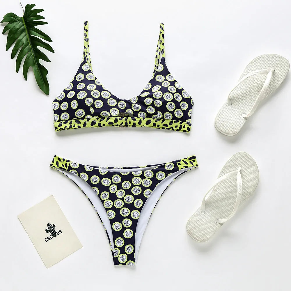 Women's bikini swimsuit set in polyester, shown in black with white dots and red with white stripes patterns.