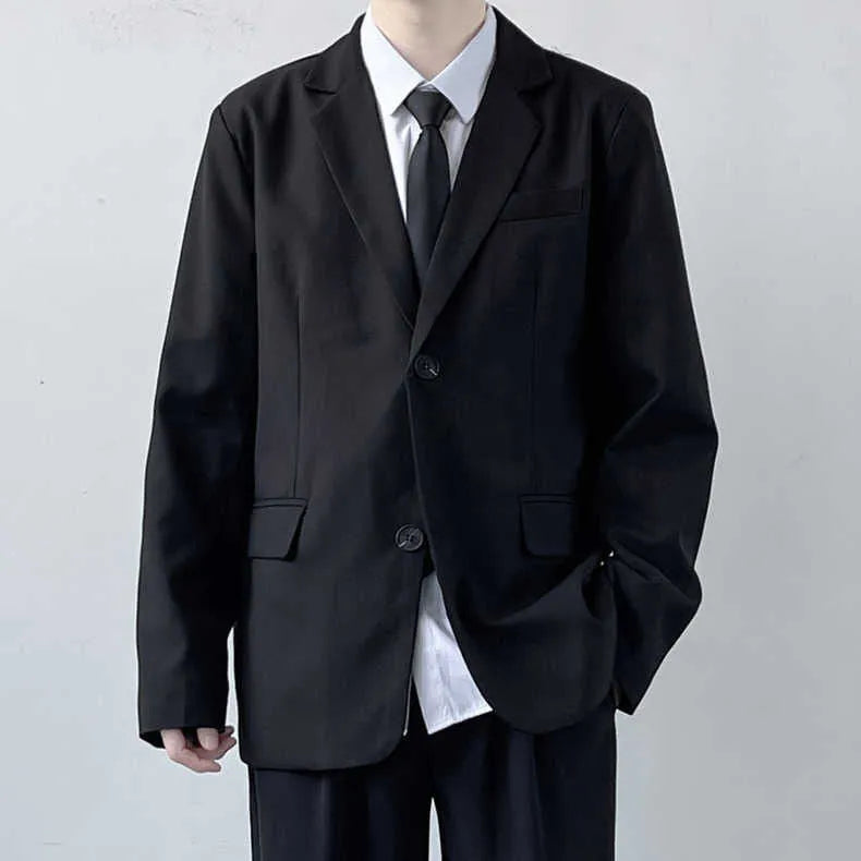 Men's plus size college style suit set with jacket, trousers, white shirt and tie in loose fit