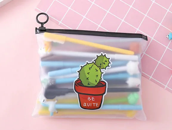Marvel series cartoon pen set with 20 black 0.5mm pens and plastic storage case featuring cactus designs