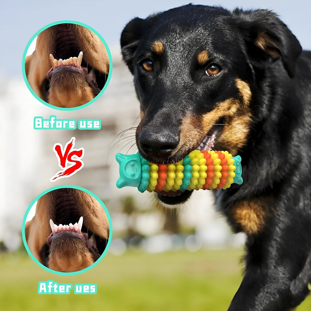 Blue caterpillar-shaped natural rubber dog chew toy for aggressive chewers