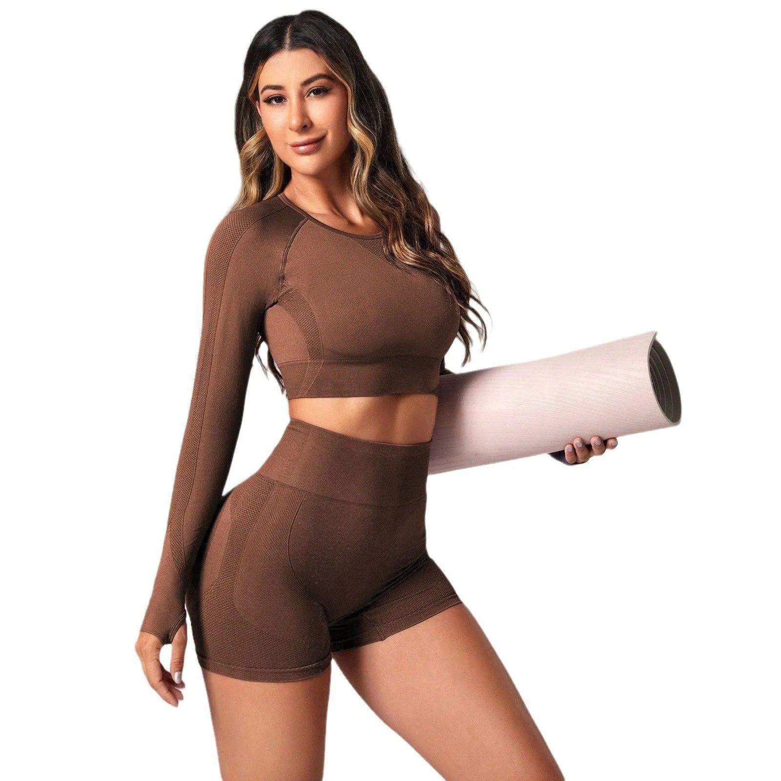 Women's black high waist yoga suit with long sleeves and matching pants