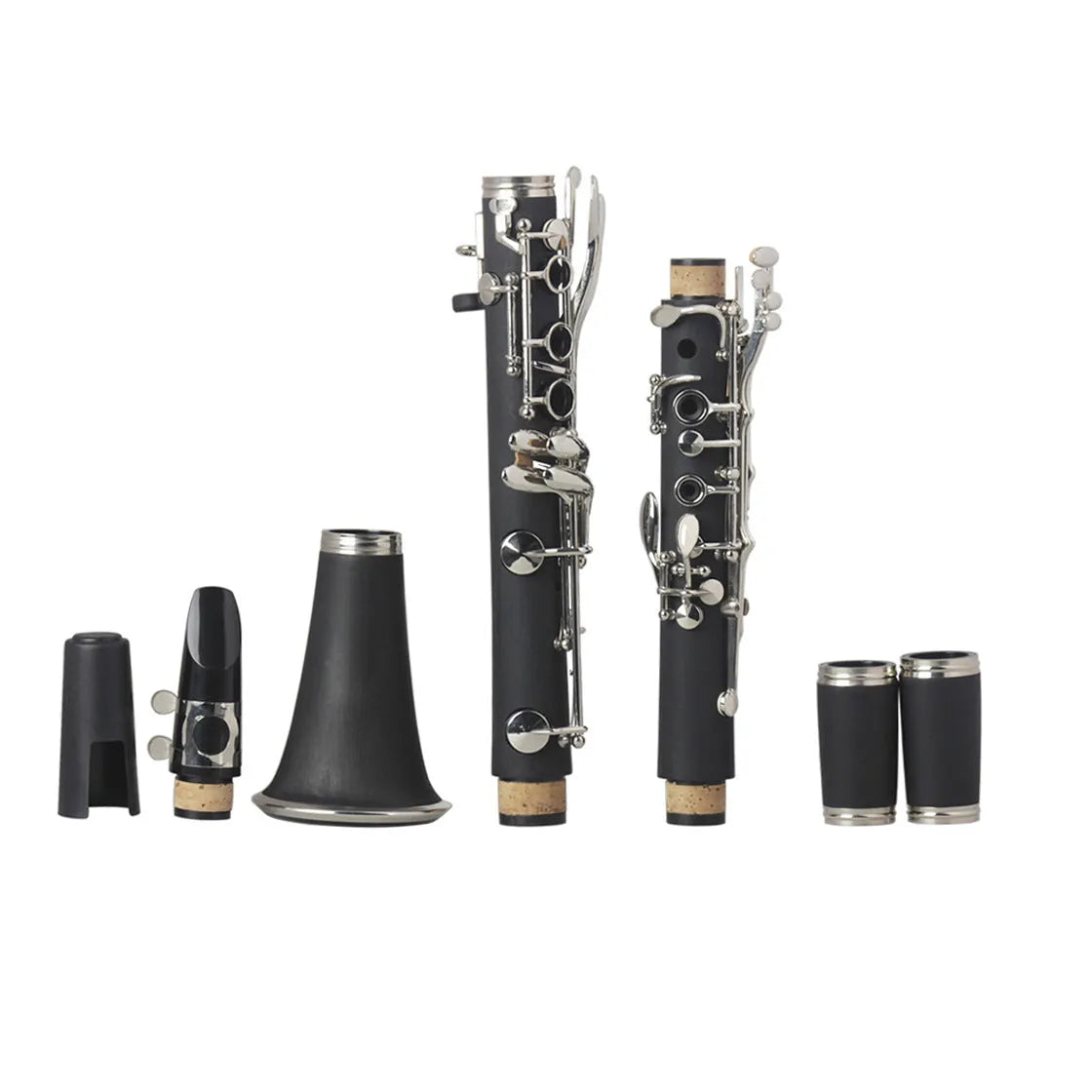 Black Bakelite beginner clarinet with nickel keys and included instrument bag