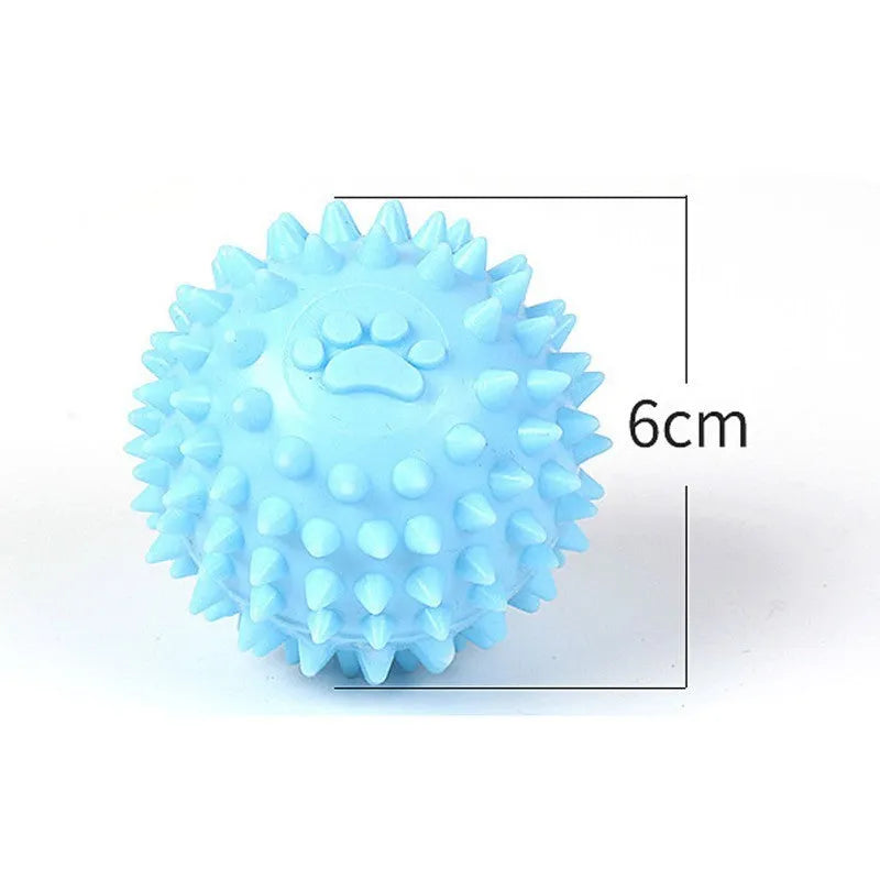 Blue TPR dog chew ball with footprint pattern and raised texture for dental cleaning