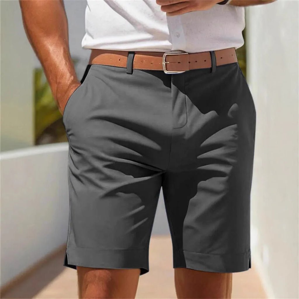 Men's straight-leg business suit shorts in polyester fabric available in five colours