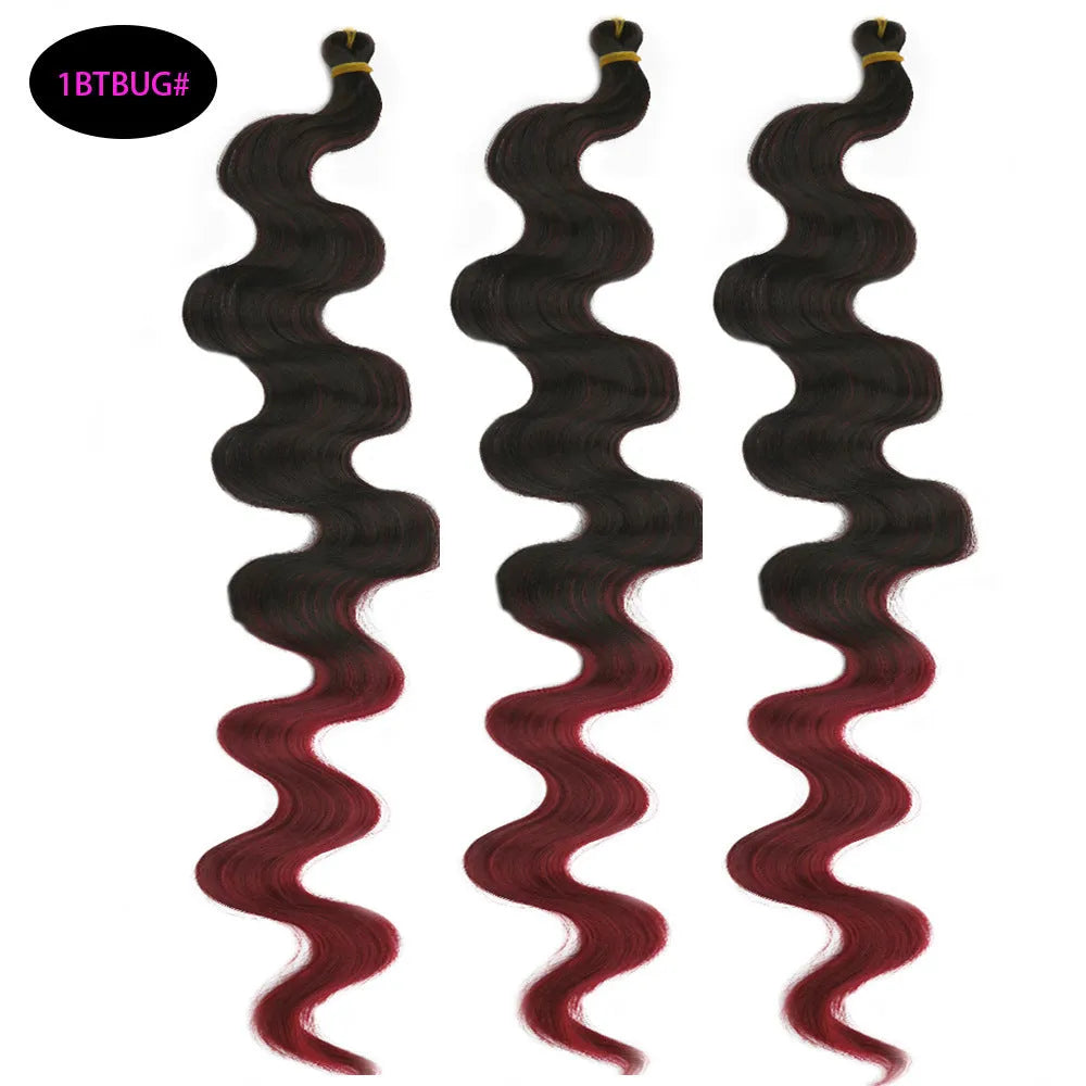Wine red synthetic wig with big wave styling showing 24-inch length and crochet construction