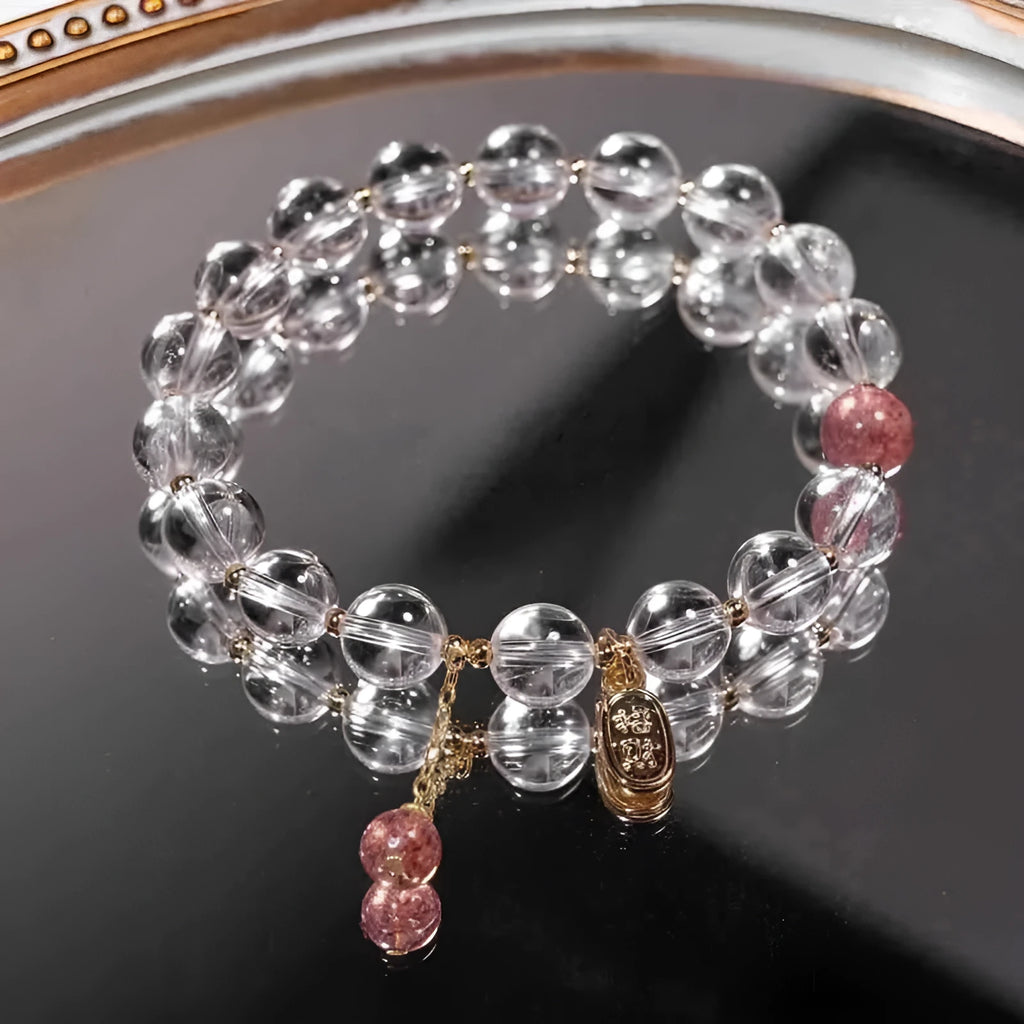 White crystal lucky fortune bracelet with 8mm beads in U-shaped design on matcha green gift box