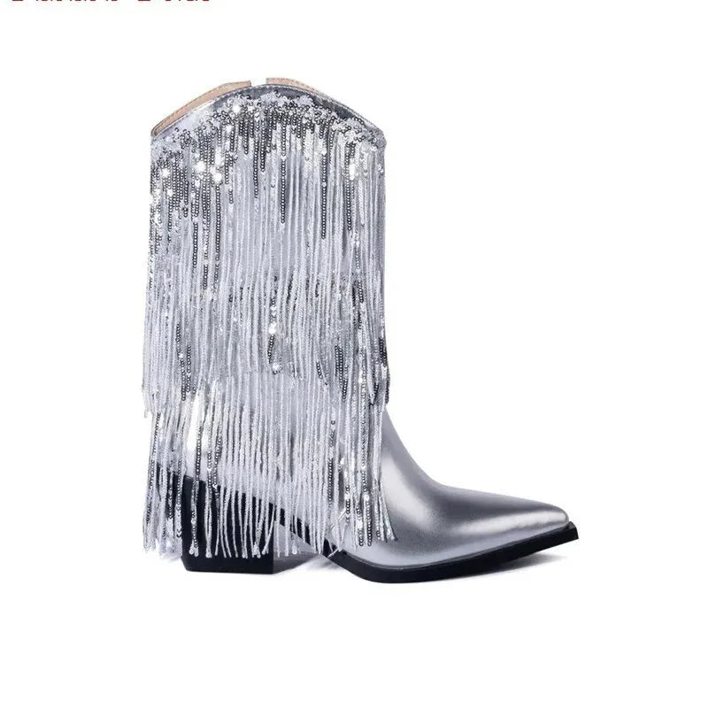 Women's black chunky heel ankle boots with tassel detail and a high stiletto heel on a white background.