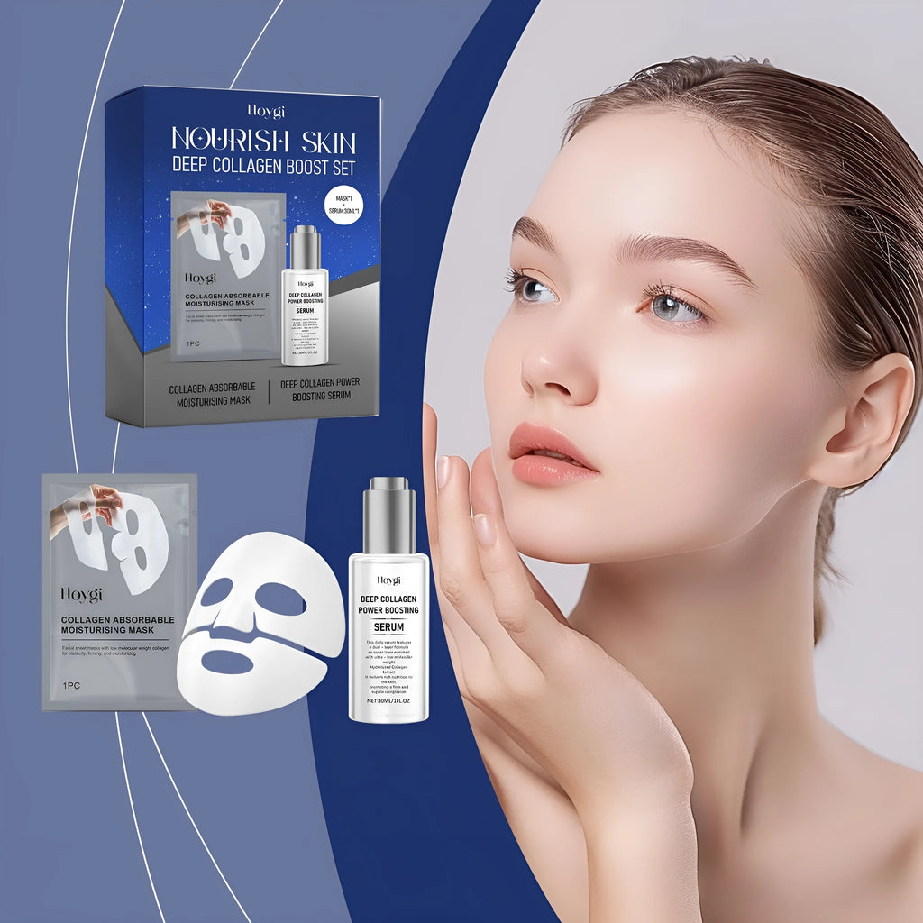 Collagen moisturising suit box containing a facial mask and a 30ml bottle of essence.