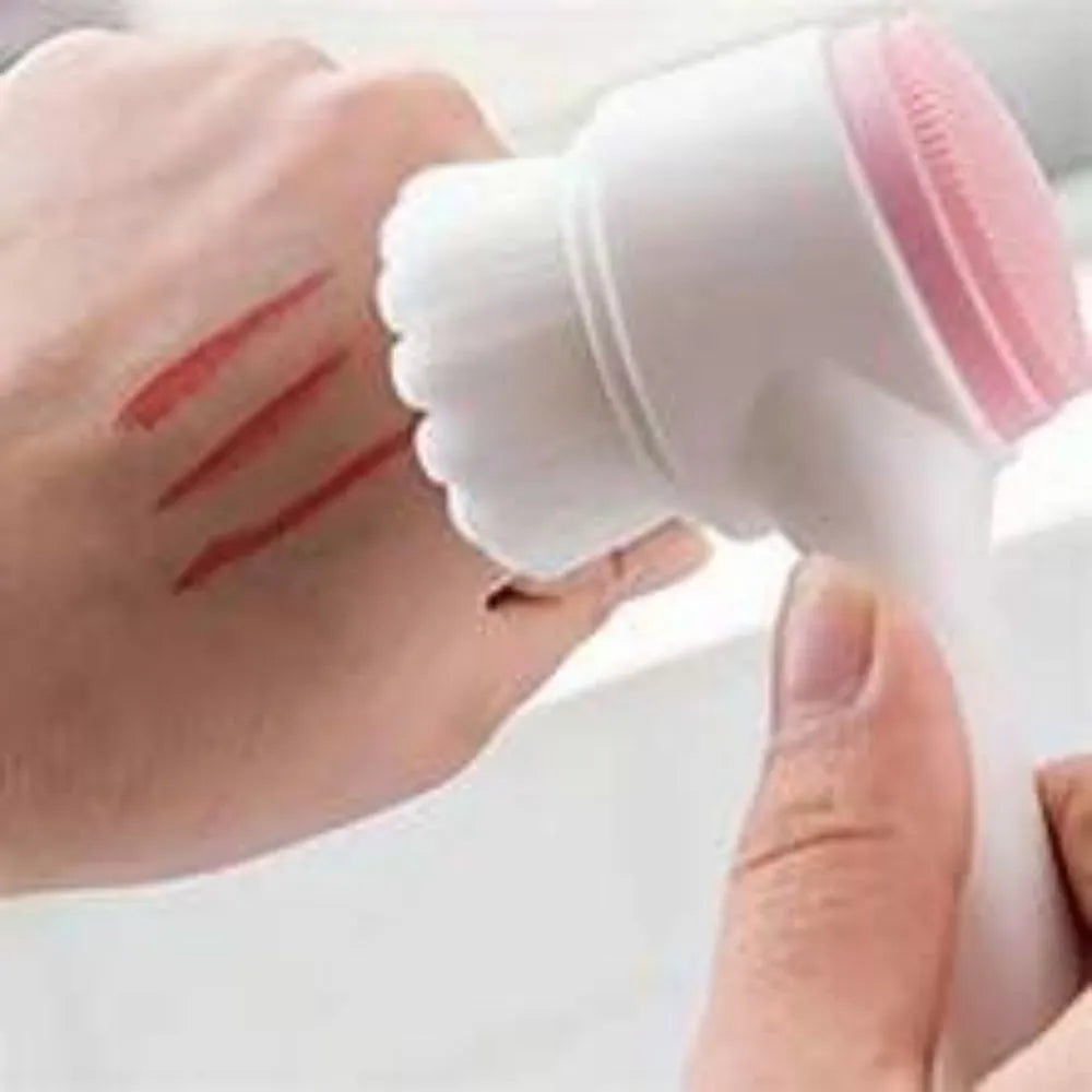 Blue and pink easy clean nylon pet paw brush for dogs and cats on a white background