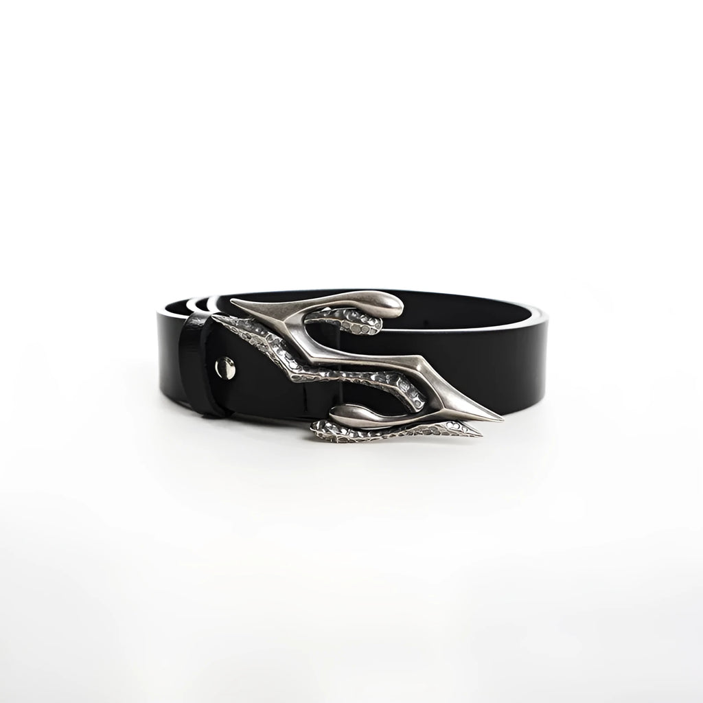 Black men's leather belt with a metal buckle, showing the two-layer cowhide construction and a length of 110cm.