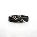Black men's leather belt with a metal buckle, showing the two-layer cowhide construction and a length of 110cm.