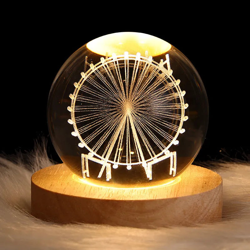 3D crystal ball night lamp with starry sky planets and moon projection on wooden base
