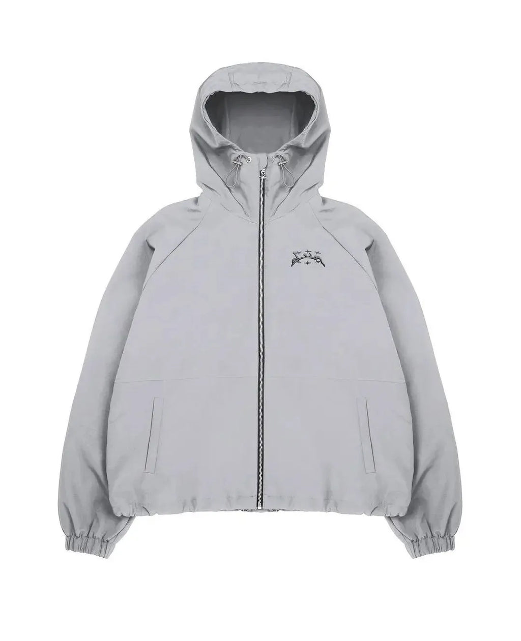 Men's loose fit grey hooded sunscreen jacket showing front and back views