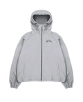 Men's loose fit grey hooded sunscreen jacket showing front and back views