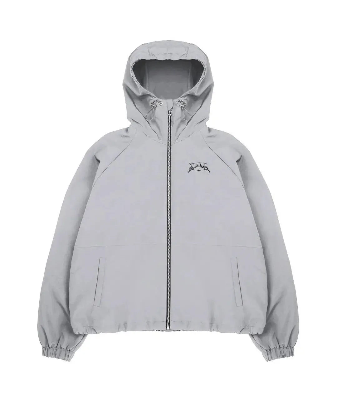 Men's loose fit grey hooded sunscreen jacket showing front and back views