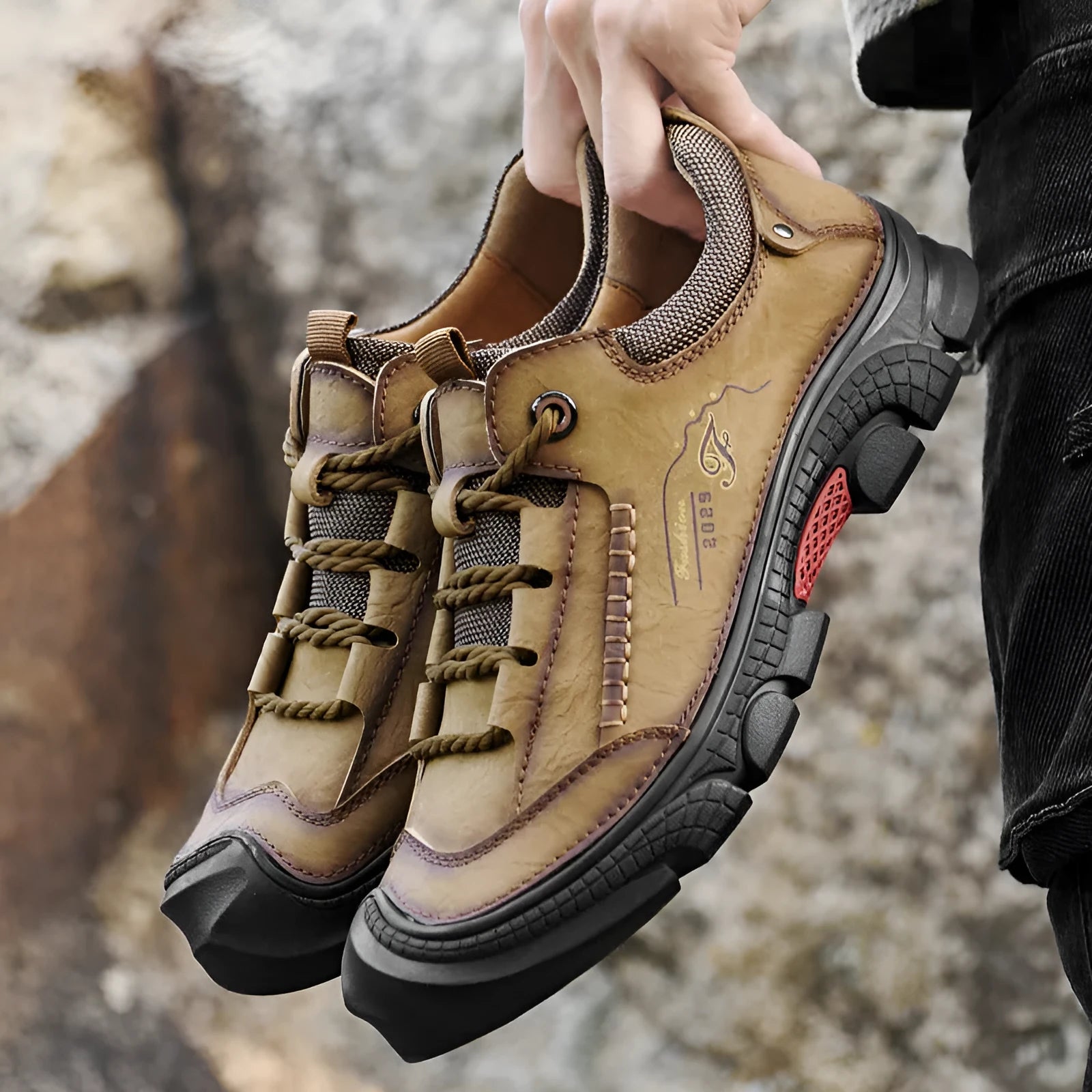 Non-slip hiking shoes with leather upper in dark brown, rubber sole, low heel for outdoor trails