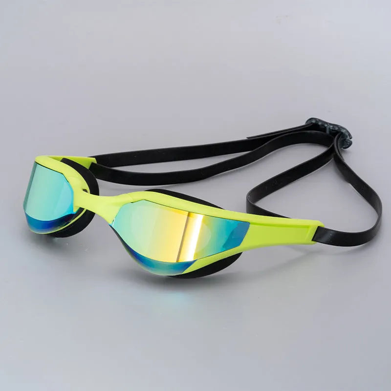 Adult swimming goggles with anti-fog HD lenses and a black silicone seal, shown with a plastic mirror case.