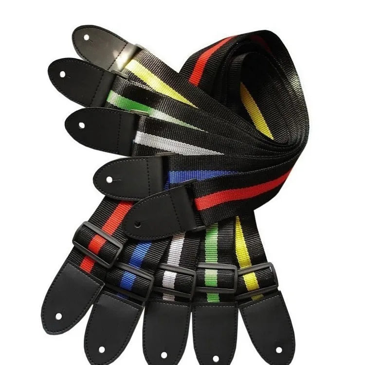 Woven striped crossbody guitar strap shown in multiple colours including army green, dark blue, red, white, and yellow.